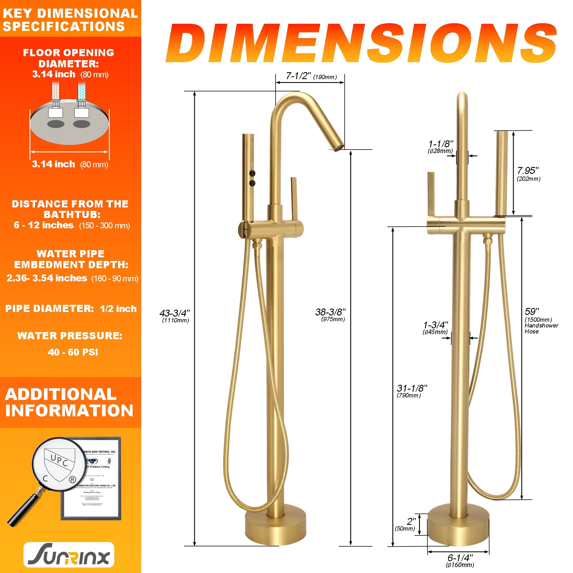 SUNRINX Brushed Brass Freestanding Tub Faucets, Single Handle Free Freestanding Tub Faucet With Brass Two-Function Handshower, Max 6 GPM Floor Mount Bathtub Faucet With 360° Rotating Spout Tub Filler