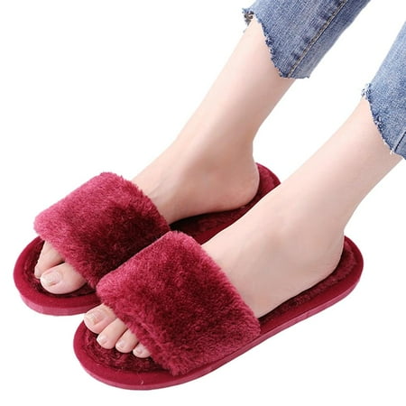 

Fuzzy Fluffy Slides Fur House Slippers for Women Slip On Memory Foam Sandals Slippers Open Toe Slippers Women Flat Spa Slides Slippers House Shoes with Anti-Skid Rubber Sole