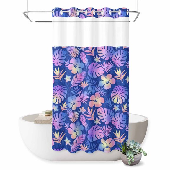 No Hook Shower Curtain, Purple Tropical Plants Shower Curtains for Bathroom with See Through Top Window, Summer Botanical Palm Leaf Floral Waterproof & Washable Bath Curtain Stand Up Stall 36"x72"