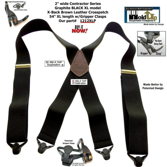 HoldUp Big and Tall XL Black 2" Suspenders with Gripper Clasps