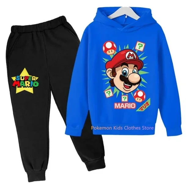 Sudadera con capucha de Super Mario bros para niños, traje de pantalones, abrigo informal para niños y niñas, sudadera de algodón de manga larga de Pokémon, ropa deportiva para niños