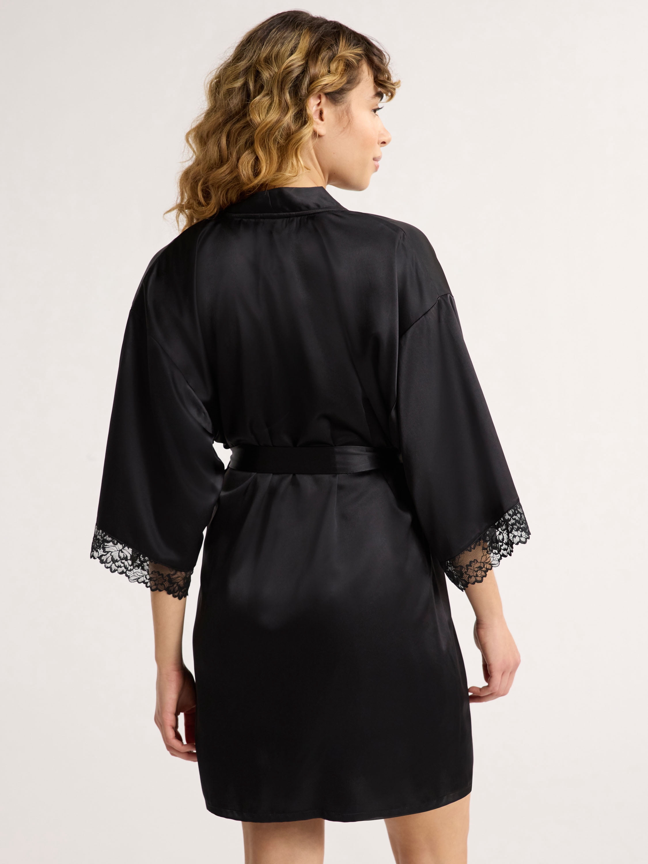 Joyspun Women’s Lace Trim Satin Robe, Sizes S to 3X