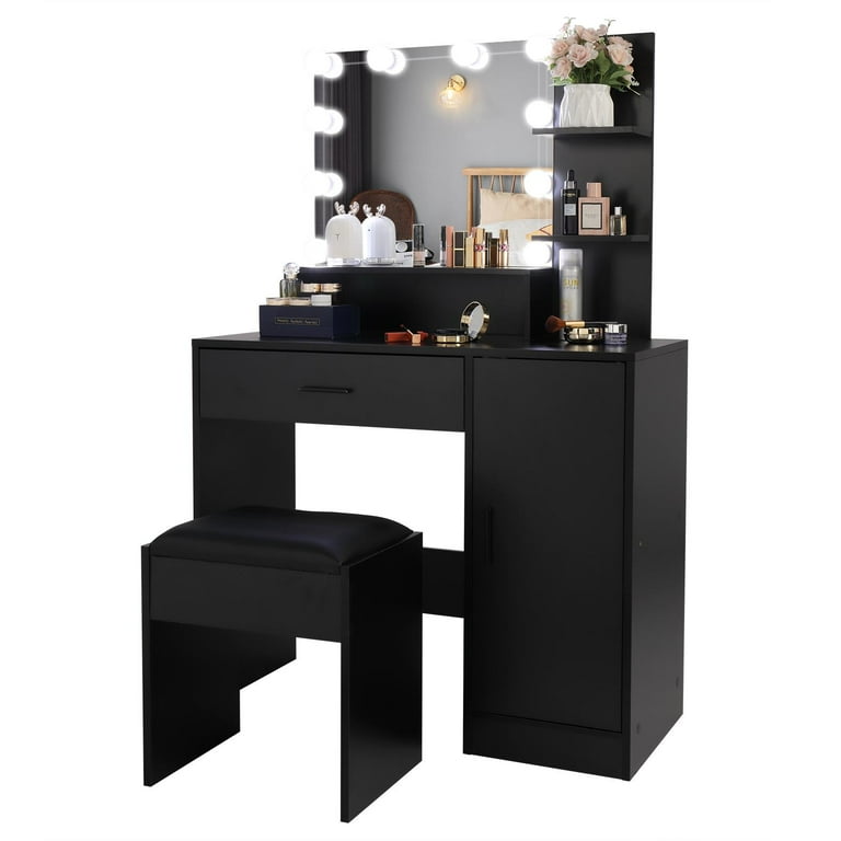 Karl home Vanity Set Makeup Vanity Table with LED Lights Lighted Vanity  Table with Open Shelves, Drawers, Cushioned Stool, Black & Gold – Built to  Order, Made in USA, Custom Furniture –