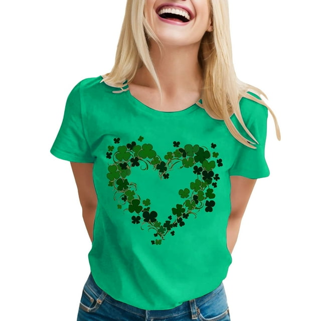 LUOGENLI T-shirts pour Femmes 2024 Mode Féminine Imprimé Saint-Patrick Col Rond Manches Courtes Haut Décontracté T-shirts (5) T-shirts Graphiques pour Femmes Pêche Saint-Valentin Vert TTG