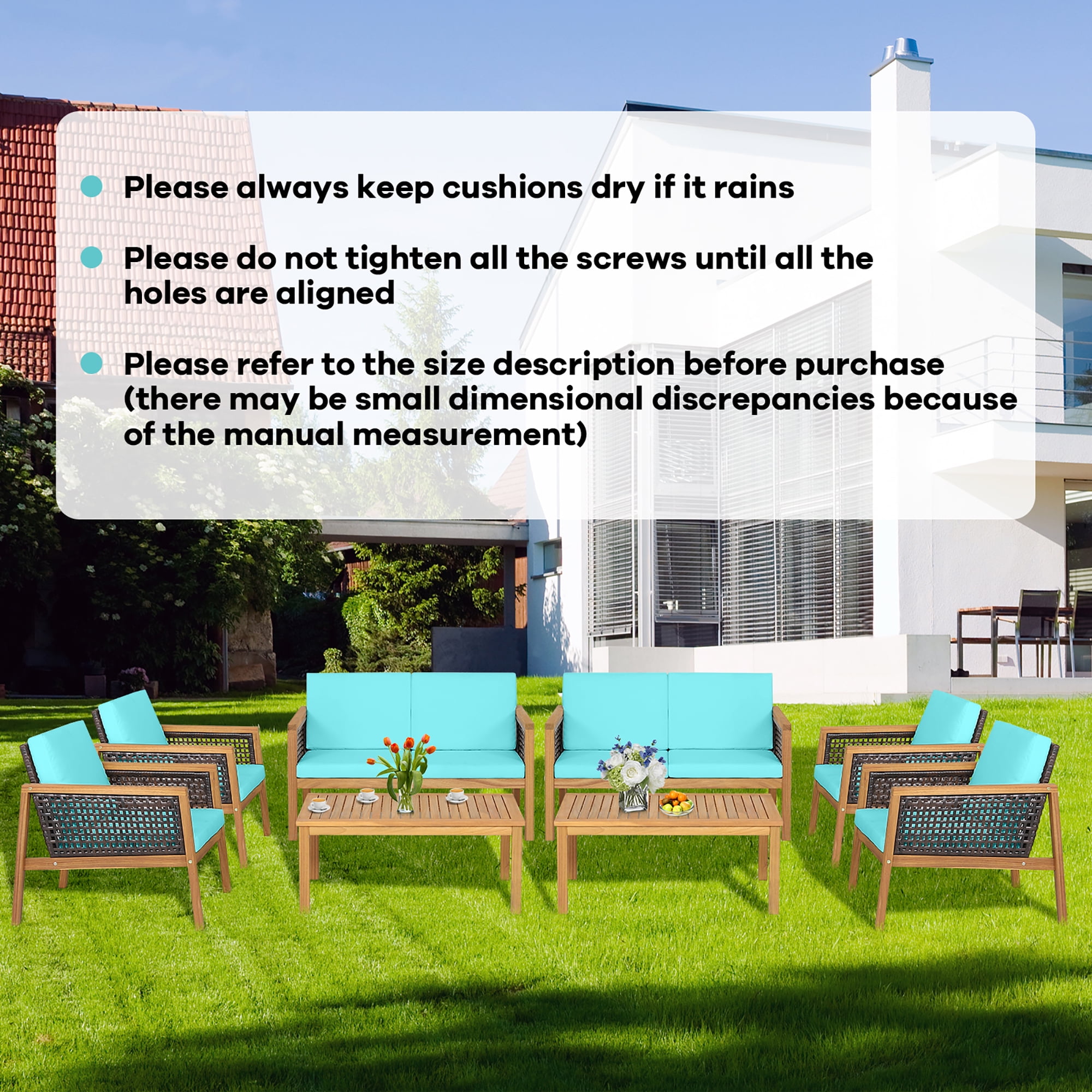 Costway 4PCS Patio Rattan Furniture Set Acacia Wood Cushioned Sofa Turquoise