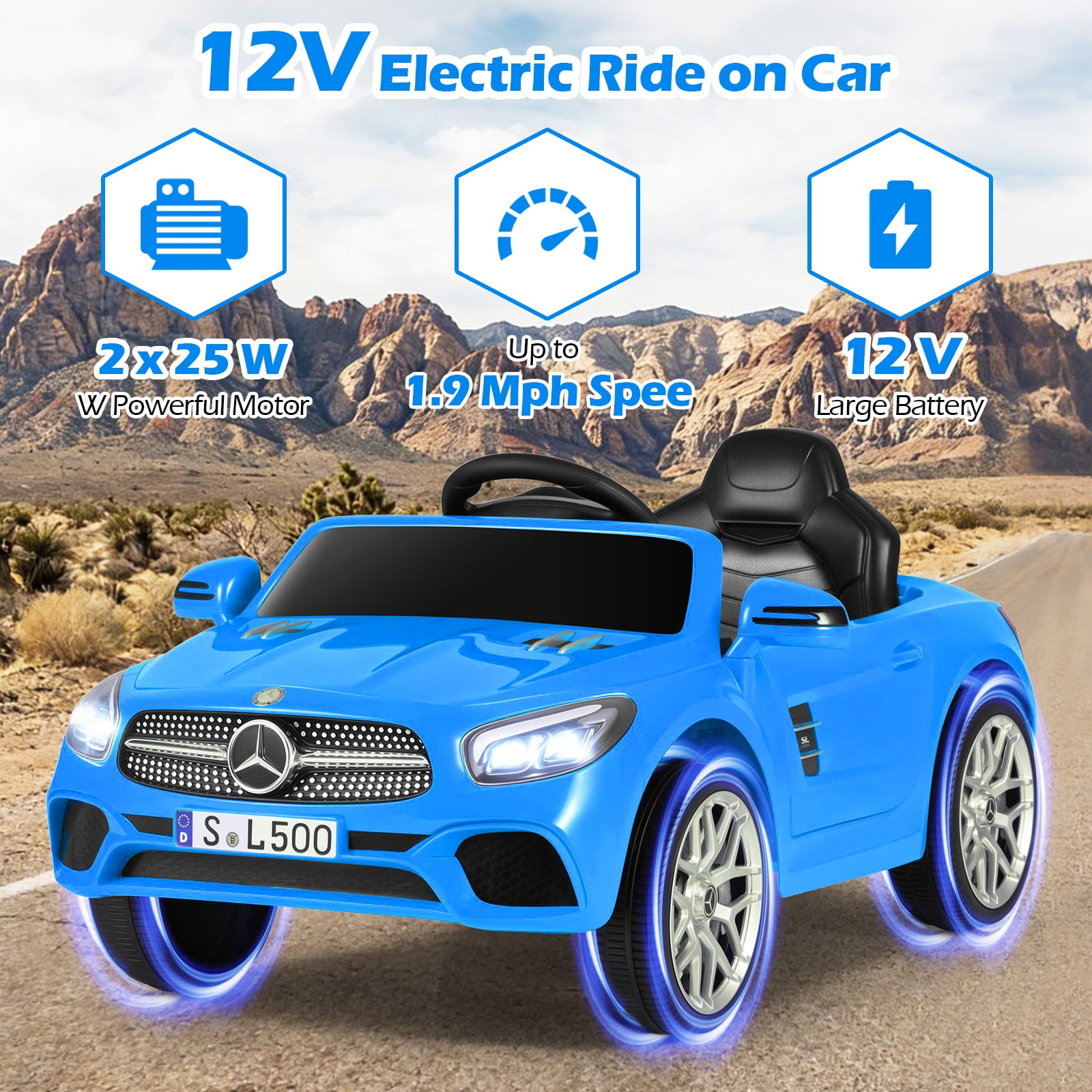 OLAKIDS 12V Electric Kids Ride On Car, Licensed Mercedes Benz SL500 Toy Car with Remote Control, MP3 Plug, USB, 2 Speeds, LED Lights, Battery Powered Toy Vehicle for Toddler Children (Blue)