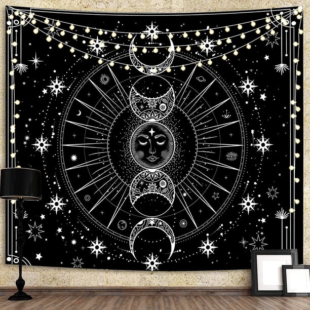 Tapiz de sol y luna para colgar en la pared, sol con estrellas, cintas de pared psicodélicas en blanco y negro