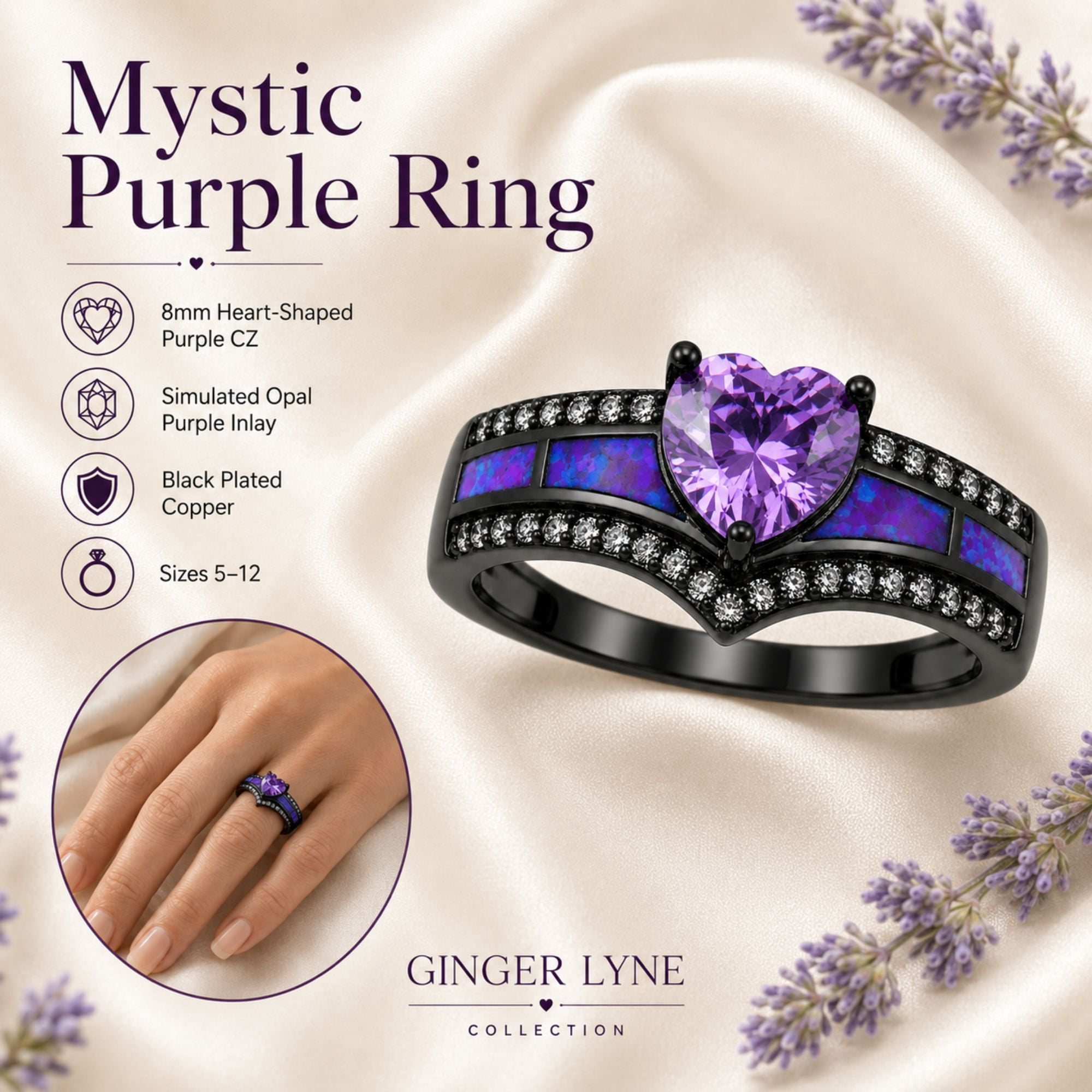 Black Engagement Ring for Women Mystic Topaz CZ Heart Promise Ring  Gift for Her Ginger Lyne