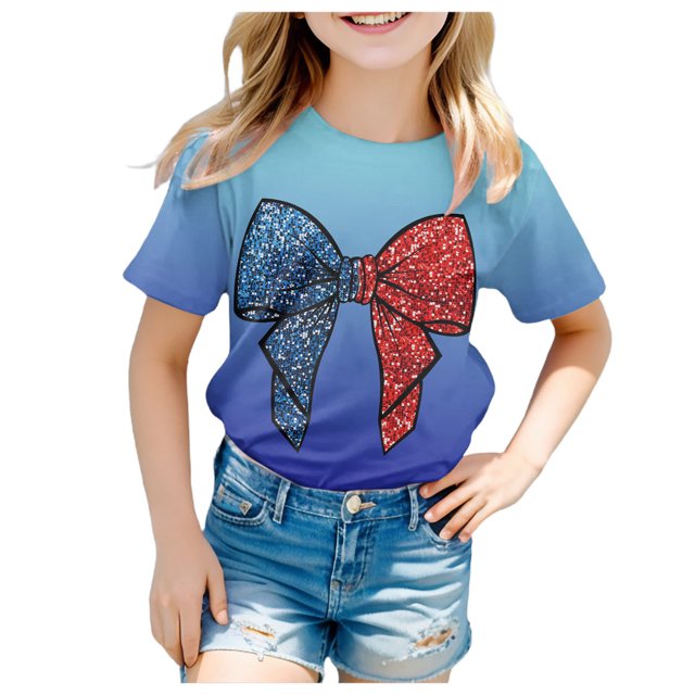 Chemises pour Fillettes, T-Shirt à Manches Courtes, Col Rond, Été, Coupe Décontractée, Basique, Bleu Ciel, 8 Ans-9 Ans