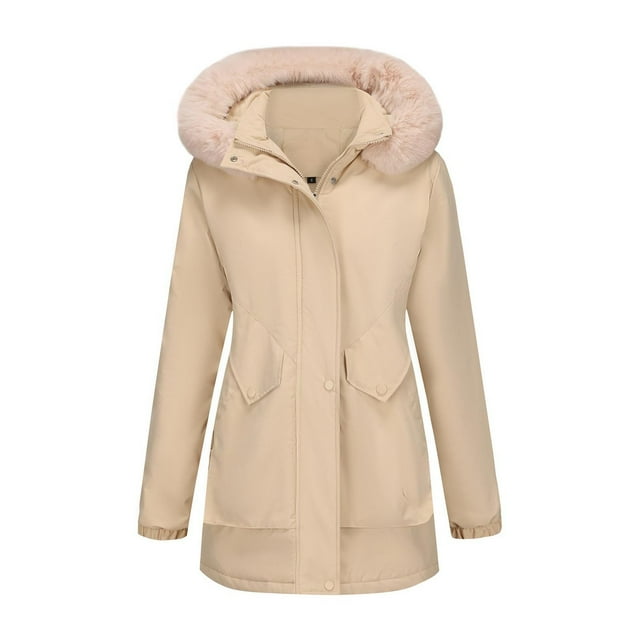 Women's Solid Mid Length Jacket With Large Collar And Warm Winter Coat,Size:L