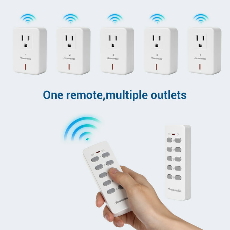 DEWENWILS Indoor Wireless Remote Control Outlet, Wireless Light Switch,  100ft RF Range, Compact Design, ETL Listed, White (2 Remotes + 5 Outlets  Set) 
