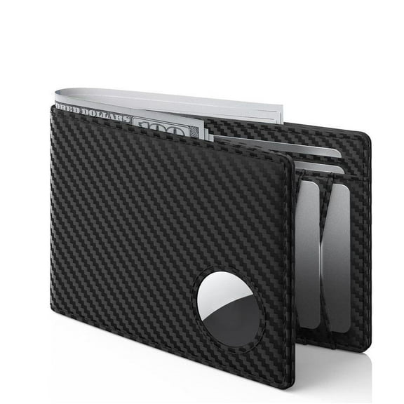 Slim Leather Wallet with AirTag Holder for Men, RFID Blocking, Carbon Fiber, Bifold, 11 Card Slots, ID Window | Secure & Trackable Minimalist Wallet