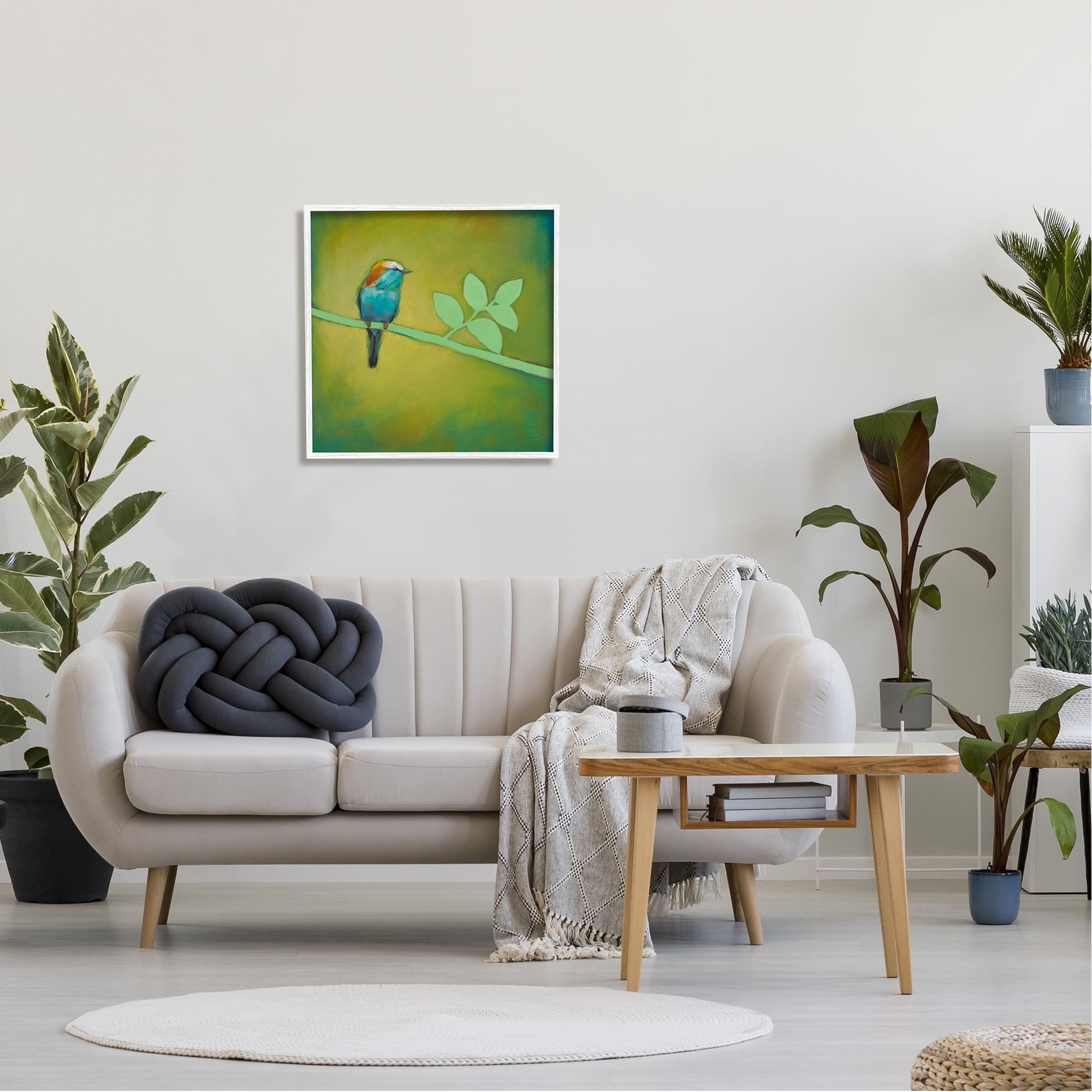 Stupell Industries Bird on Green Branch Animals & Insects Painting White Framed Art Print Wall Art, 24 x 24