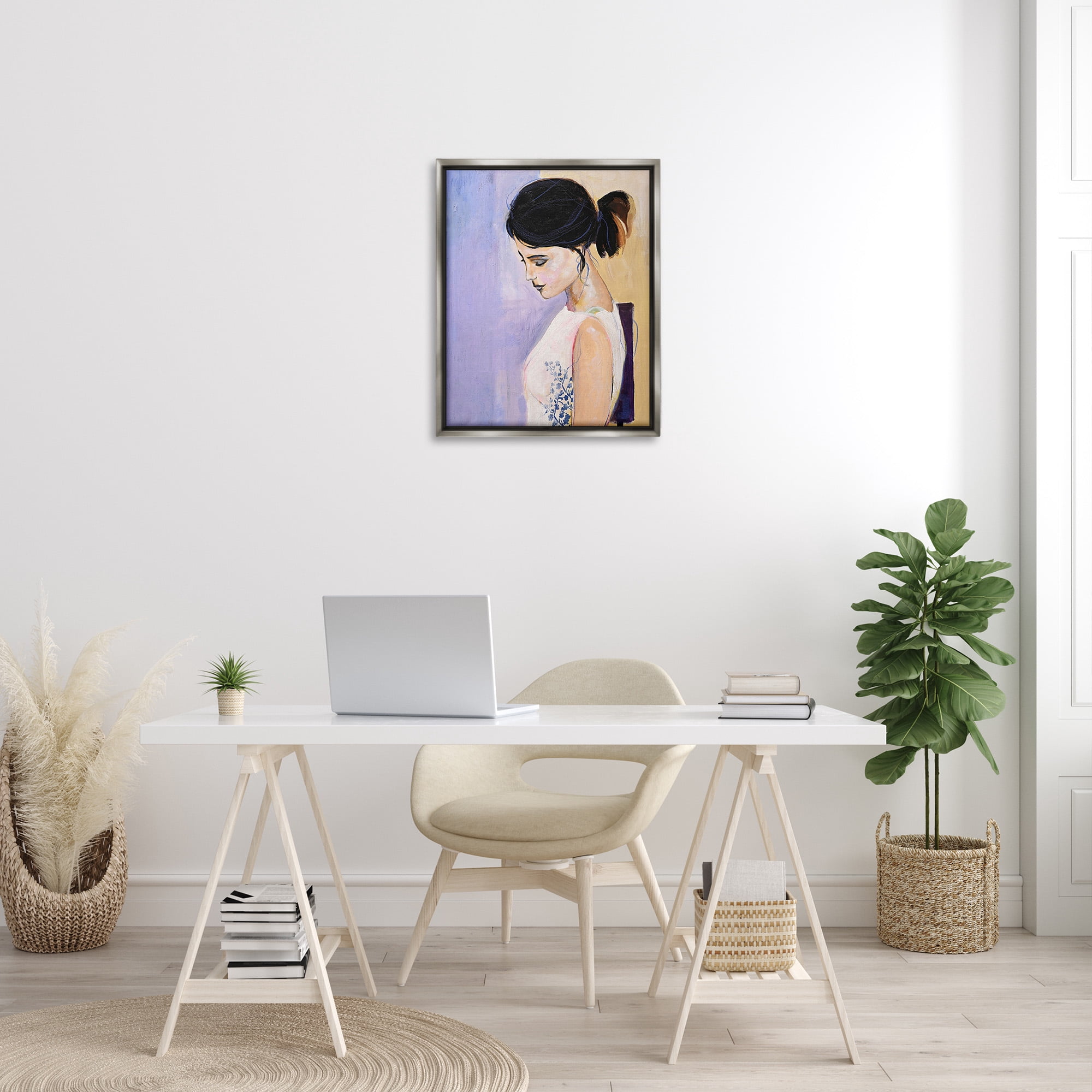Stupell Industries Traditional Portrait of Woman Abstract Painting Gray Floater Framed Canvas Art Print Wall Art, 25 x 31