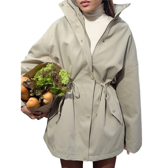 Women's Long-Sleeved Stand Collar Mid-Length Drawstring Waist Fitted Pure Cotton Trench Coat Jacket Light Khaki M