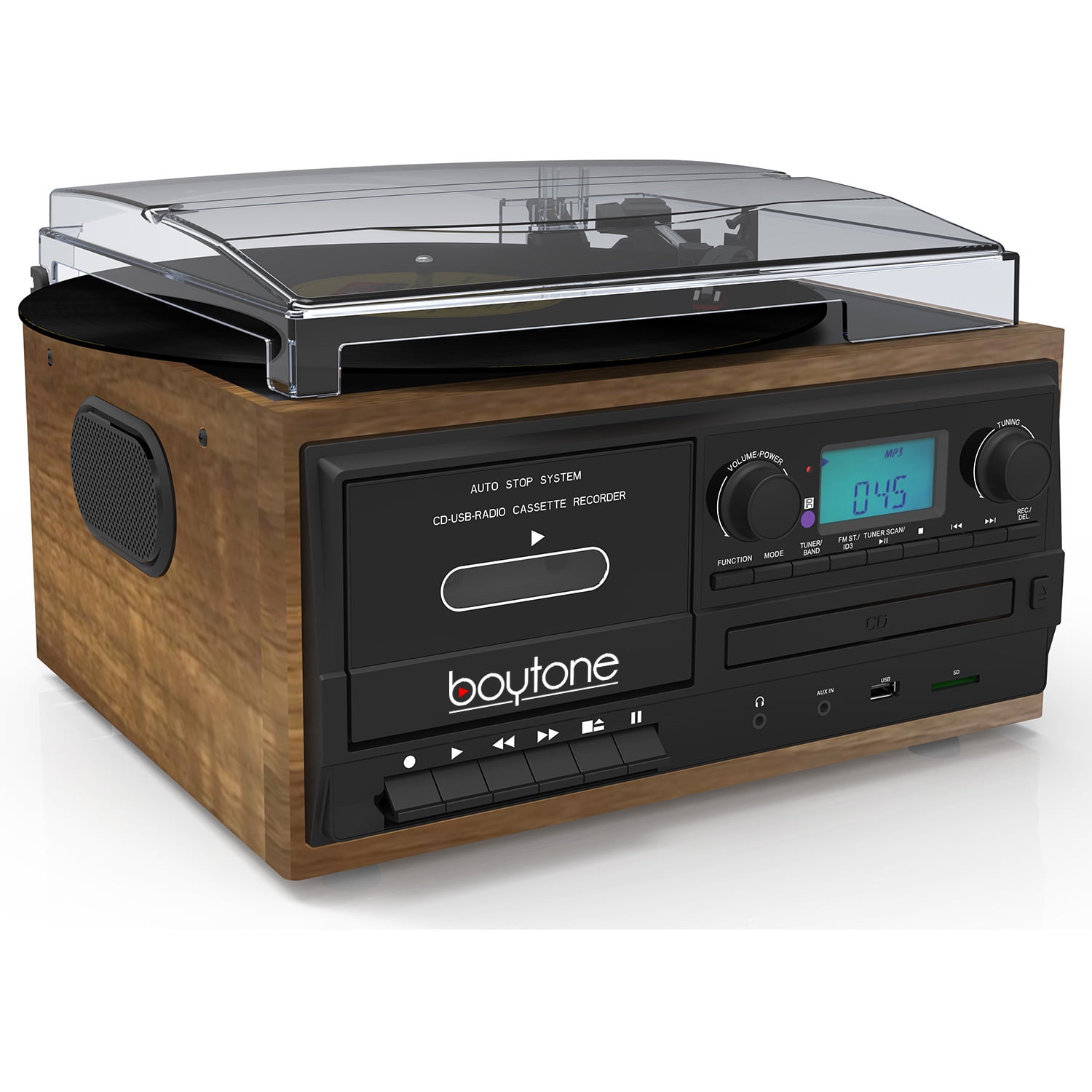Boytone BT-32W, Bluetooth Record Player Turntable, AM/FM Radio, Cassette, CD Player, 2 Built in Speaker, Ability to Convert Vinyl, Radio, Cassette, CD to MP3 Without a Computer, SD Slot, USB, AUX