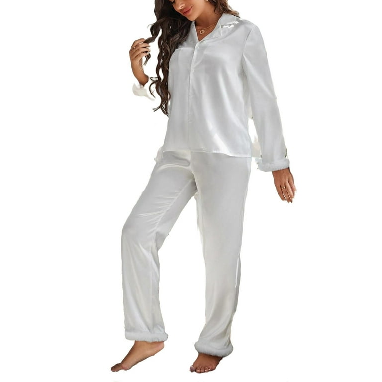 2pcs Set Elegant Lapel Neck PJ Pant Sets Long Sleeve White Women s Pajama Sets Women s