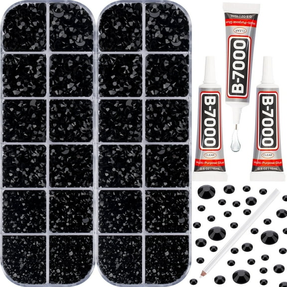 Black 11000 Pcs Flatback Plastic Rhinestones with 45ml B7000 Glue for DIY, Crafts, Decoration