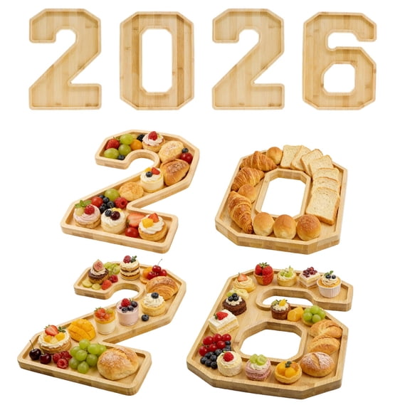 2026 Number Charcuterie Graduation Decoration Class of 2026 Wooden Food Party Platters Fruit Holder Letters Graduation Table Centerpieces for Congrad Party Supplies 4PCS