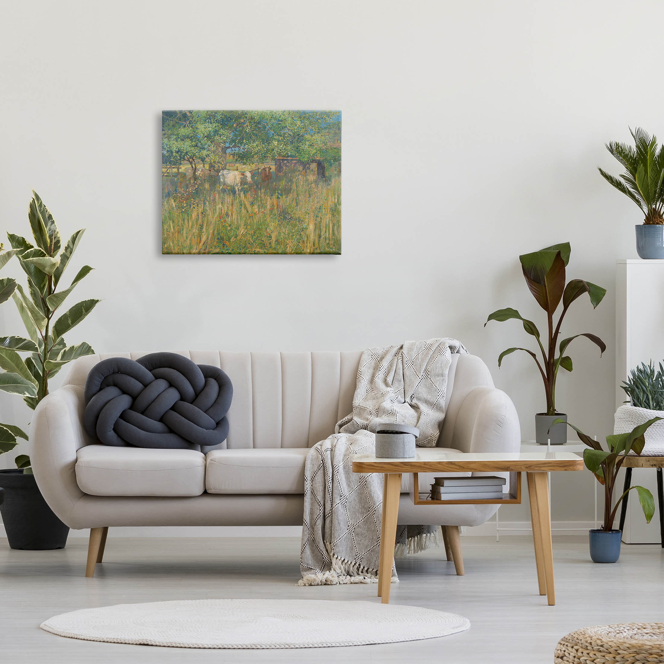 Cattle Grazing Grassland Pasture Landscape Painting Gallery Wrapped Canvas Print Wall Art
