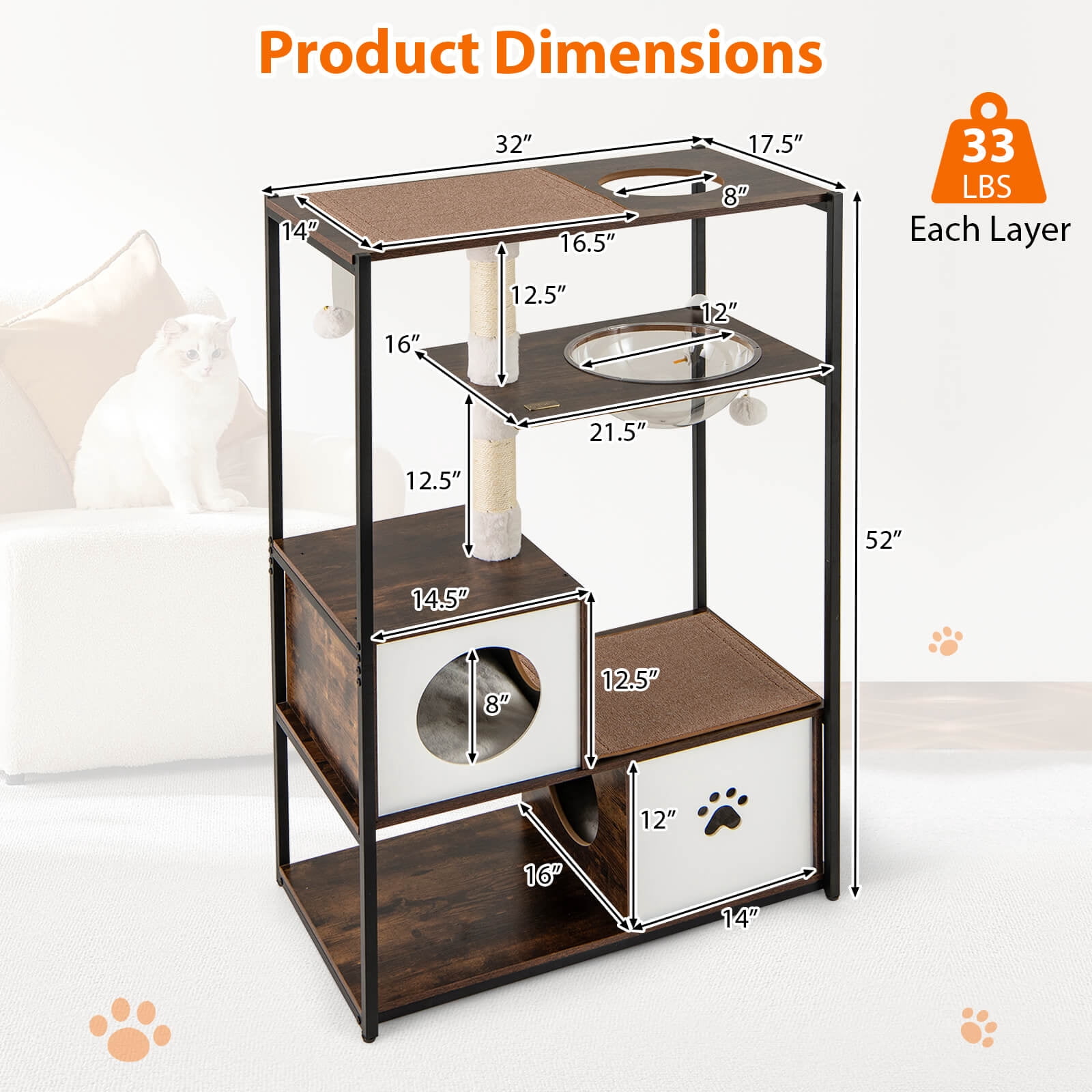 Costway 52" Tall Wooden Cat Tree with Metal Frame 2 Condos Sisal Scratching Posts