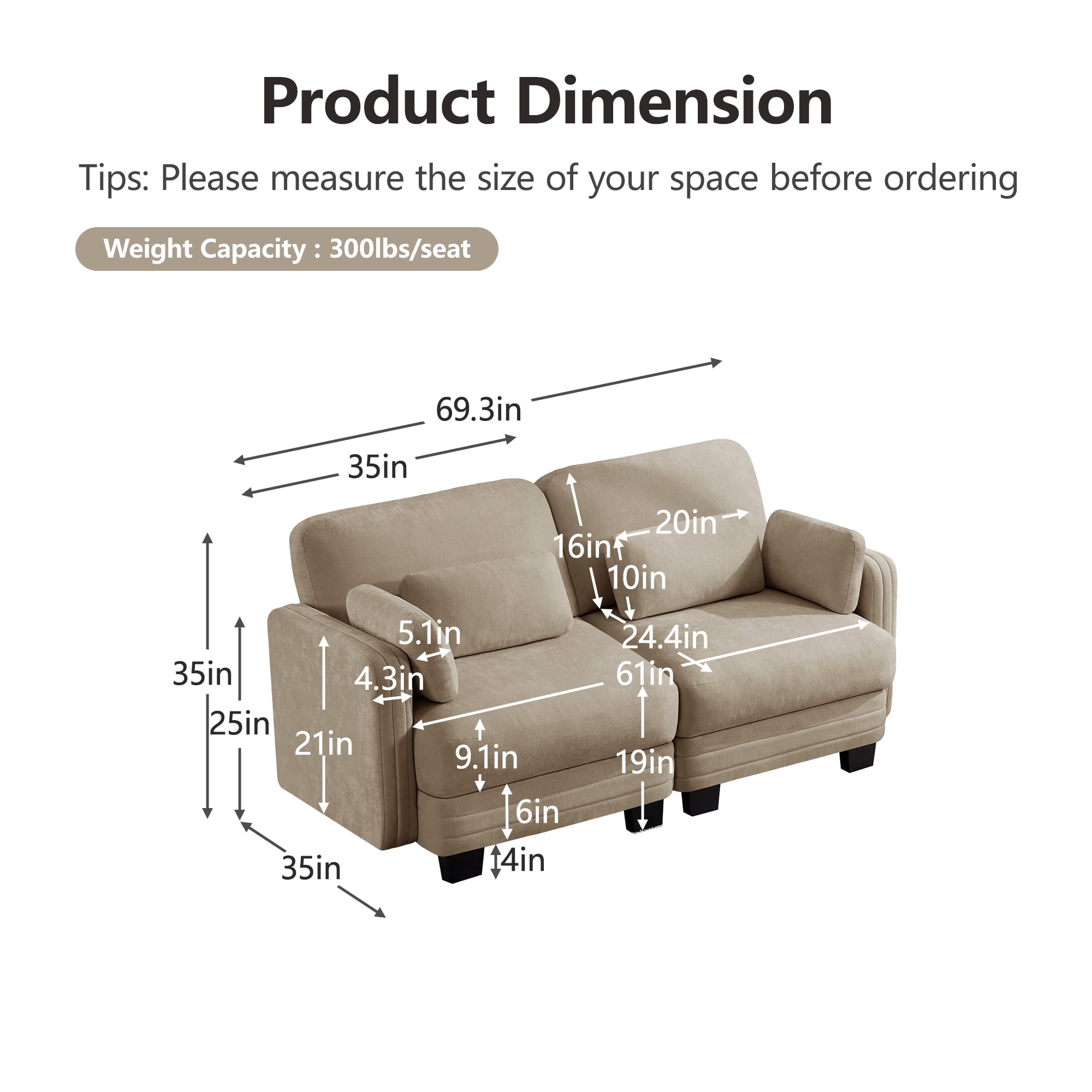 70" Modern Modular 2 Seater Loveseat Sofa Couch with 4 Pillows