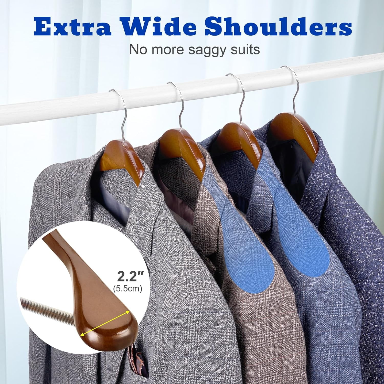 Solid Wood Wide Shoulder Hangers with Non-Slip Pants Bar, 360 °   Swivel Hook for Suits, Dresses, Jackets, and Heavy Clothes - 6 Pack (Walnut Finish)