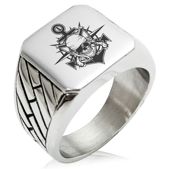 Stainless Steel Pirate Bandit Skull Anchor Geometric Pattern Biker Style Polished Ring