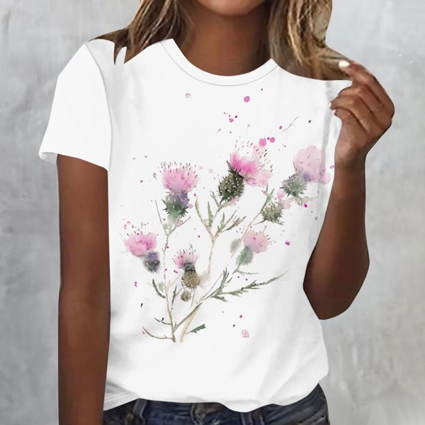 Fiudx Ofertas Flash Del Día Blusa de Manga Corta con Estampado de Moda para Mujer, Camiseta con Cuello Redondo, Tops Informales