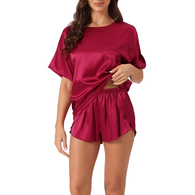 CONJUNTO DE PIJAMA DE SATÉN PARA MUJER INSPIRE CHIC DEL DÍA DE LA MADRE, T-SHIRT DE MANGA CORTA PULLOVER CON PANTALONES CORTOS, XL BURDEOS