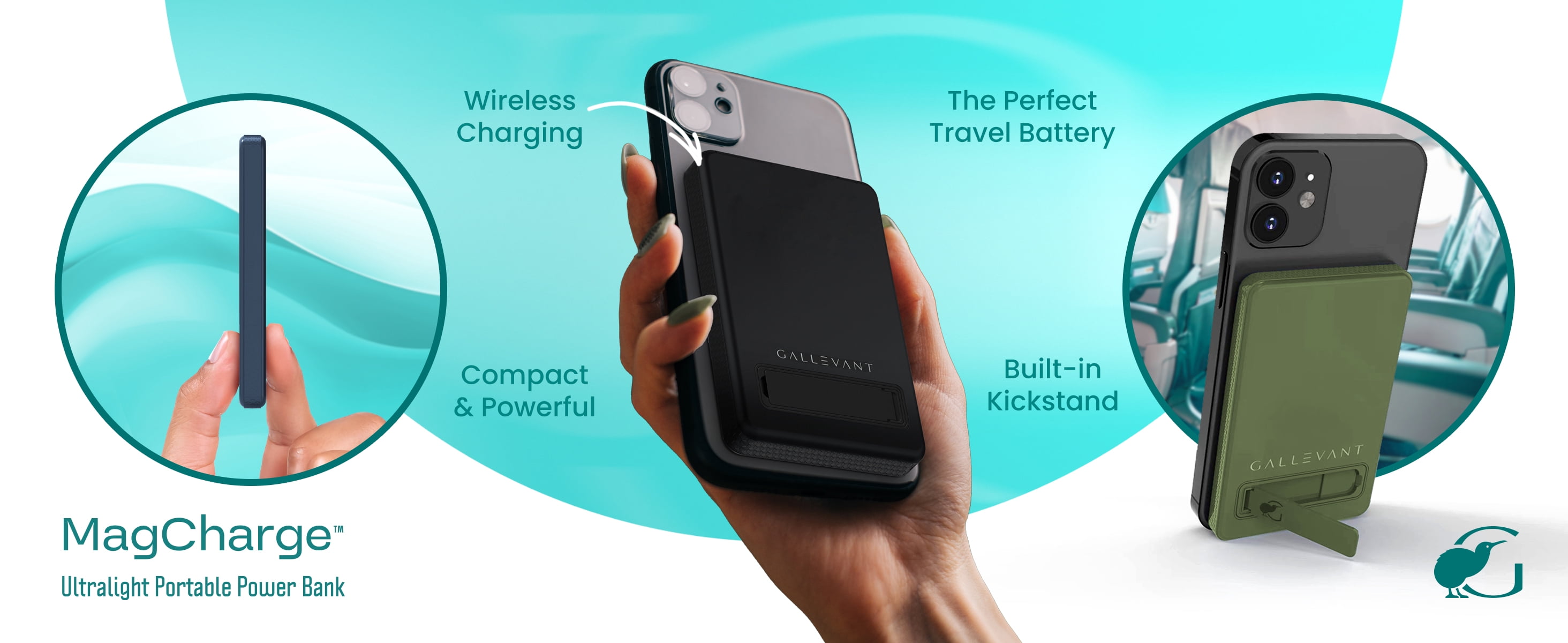 Gallevant 5000mAh Magnetic Wireless Power Bank: Compact, Stylish, Multi-Device Charging, with Built-in Kickstand and USB-C Port – Portable, Fast Charging for iPhone & Android, Olive