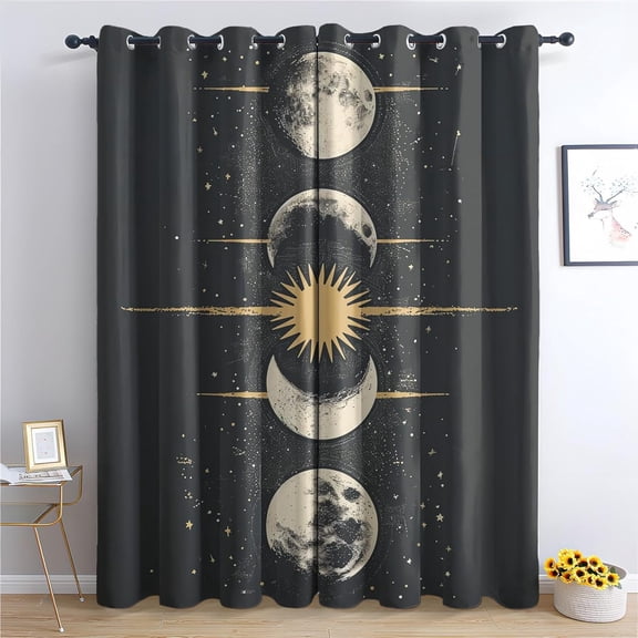 Moon Phase Curtains, Gold Star Sun And Moon Window Curtains, Celestial Starry Sky Boho Blackout Curtains For Bedroom Living Room Home Decor 52"W x 63"L
