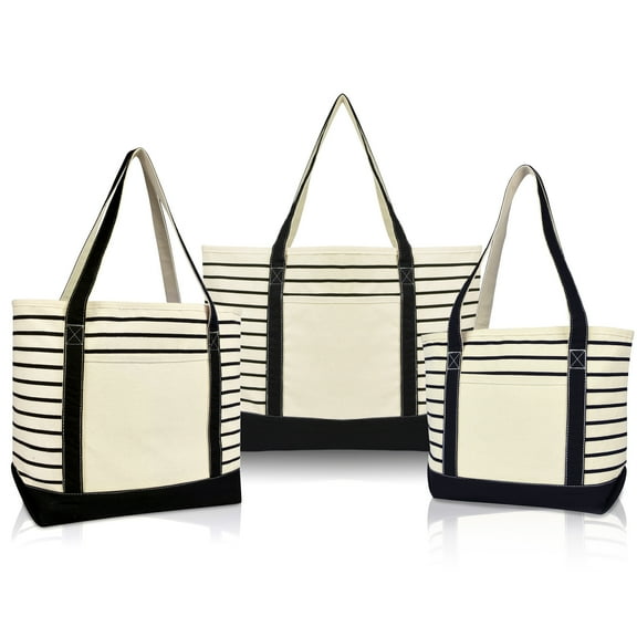 DALIX Stripe Tote Shoulder Bag Deluxe Cotton Canvas Set of 3 in Black