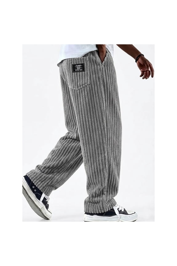 Gray Wide Leg Pants for Men Corduroy Elastic Waistband Drawstring Pants Textured Loose Straight Trousers with Pockets, Gray L