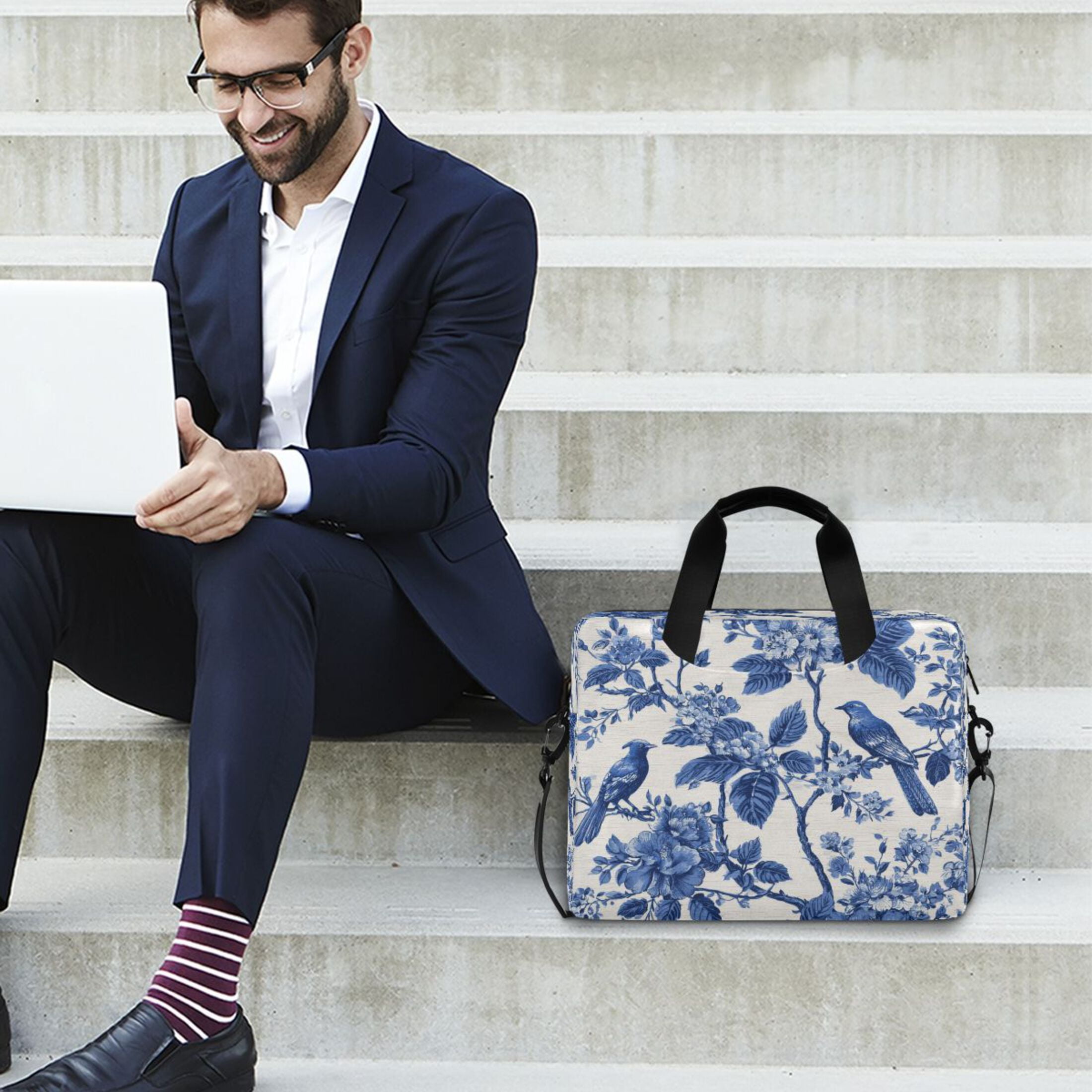 16" Laptop Tote Bag Laptop Sleeve Case Computer Briefcase for Work & Travel Blue Flowers and Birds