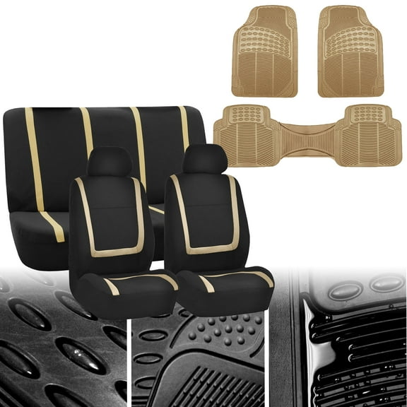 FH Group Beige Black Seat Covers for Car SUV Combo w/ Beige Floor Mats