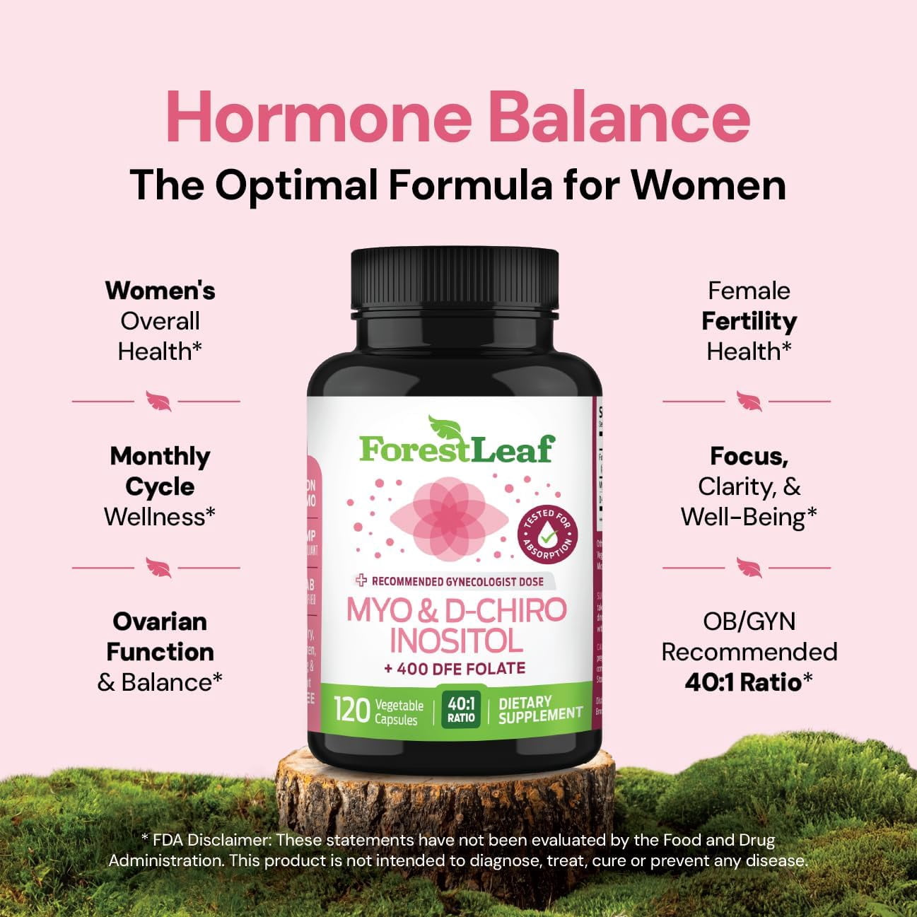 Forest Leaf Myo-Inositol & D-Chiro Inositol Supplement for Women Fertility Support 2000mg, 120 Vegetable Capsules