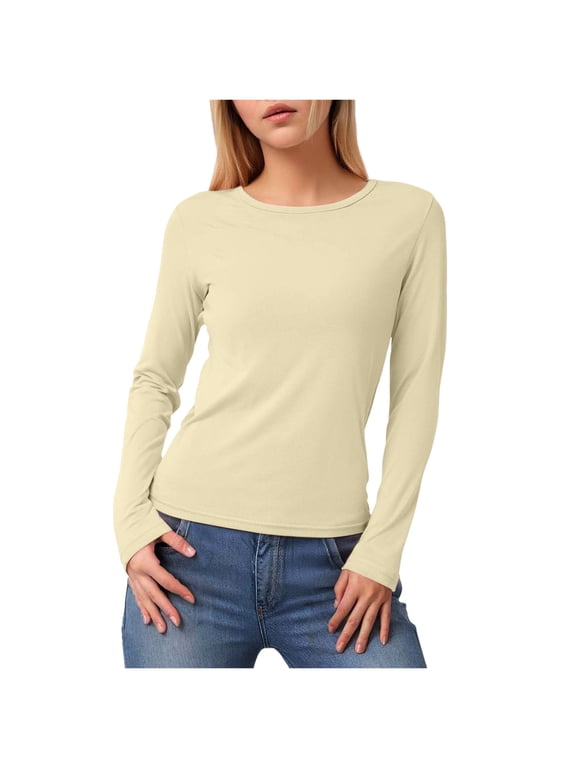 Women's Long-Sleeve Crew-Neck Cotton T-Shirt Classic-Fit Shirt Soft Breathable Casual Tee Basic Tops Beige, M