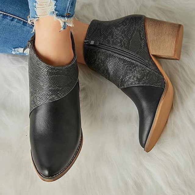 QTBIUQ Women's Leather Patchwork Thick Heel High Heel Zipper Pointed Snake Ankle Boots