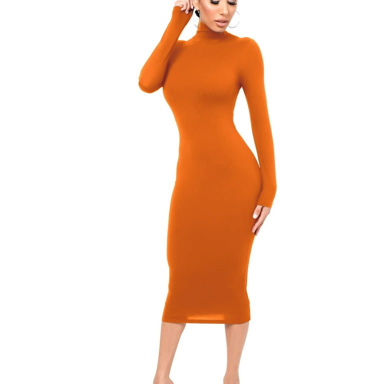 Blczomt Orange Holiday Dresses for Women Long Sleeve Midi Dressy Casual Plain Sheath Mock Neck Formal Solid Dress, Women's, Size: