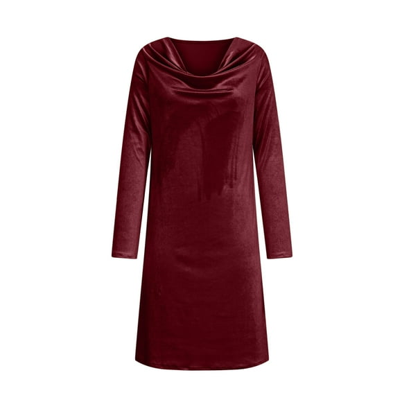 Fznquz Cowl Neck Dresses for Women Velvet Red Mini Cocktail Long Sleeve Elegant Women Spring Fashion