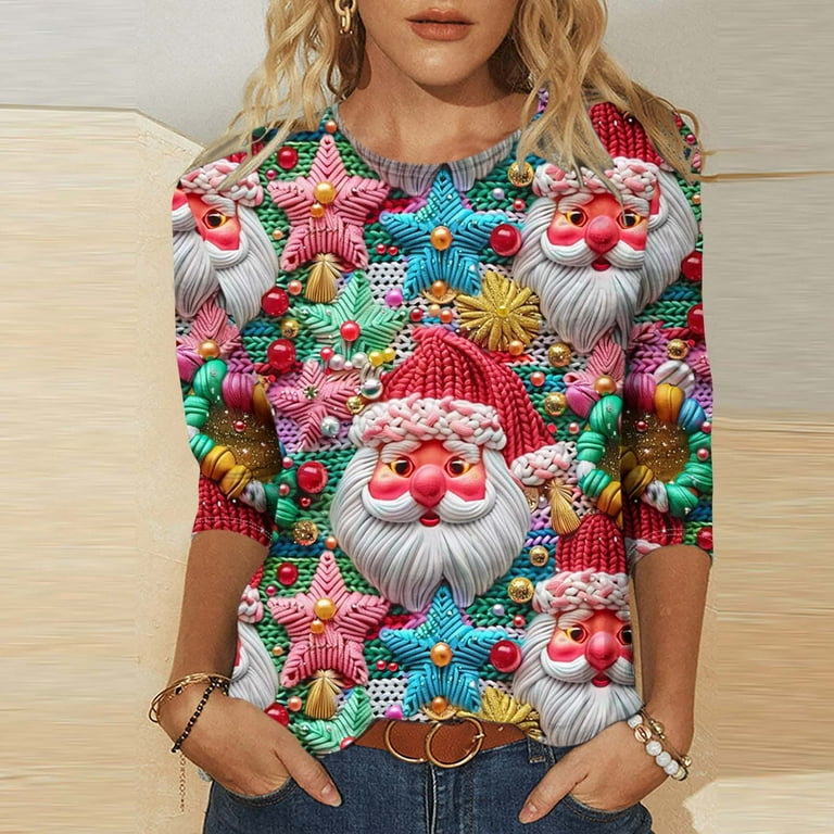 bnaln Christmas Sweatshirts for Women Xmas Jumpers Crewneck 3/4