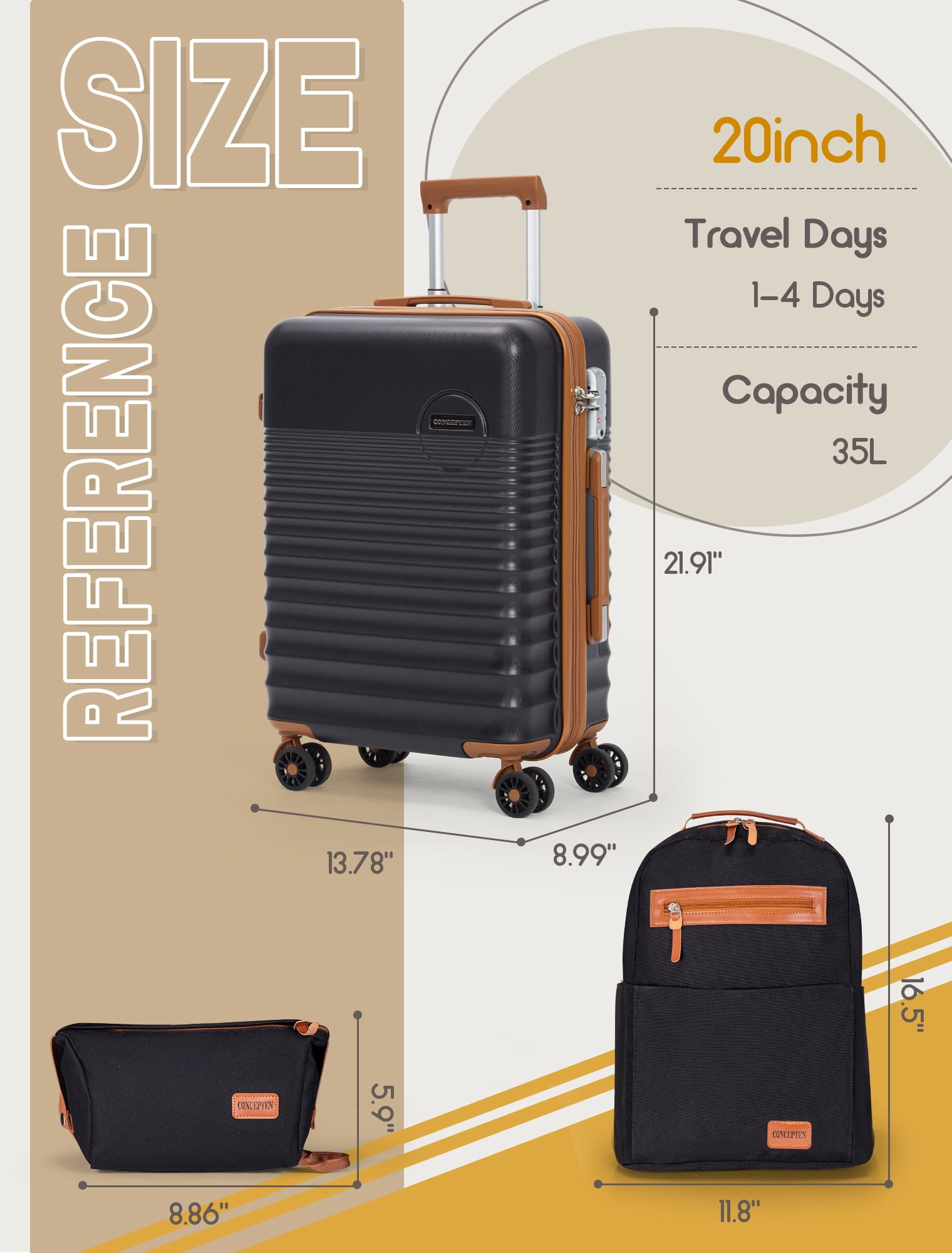 CONCEPTEN 3-Piece Carry on Luggage Set, 20 Inch Airline Approved Hardshell Suitcase with Spinner Wheels, Lightweight ABS Travel Luggage with TSA Lock, Backpack & Toiletry Bag,Black