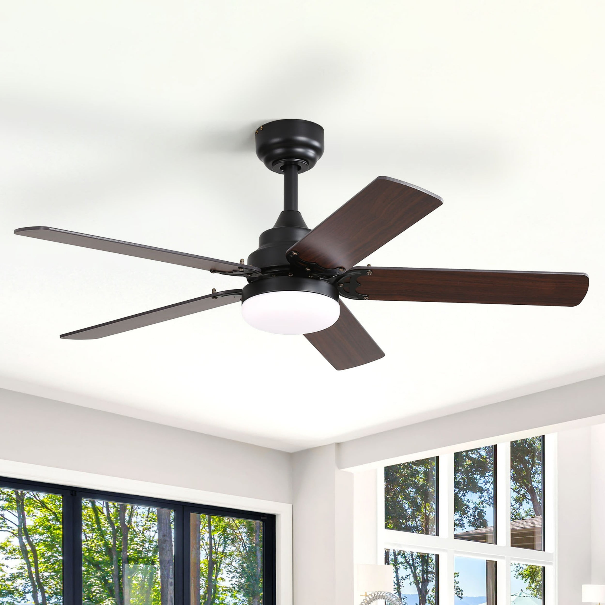 Sofucor 42 Inch Modern Ceiling Fan With LED Light 5 Blades Remote Control Reversible DC Motor Black For Bedroom