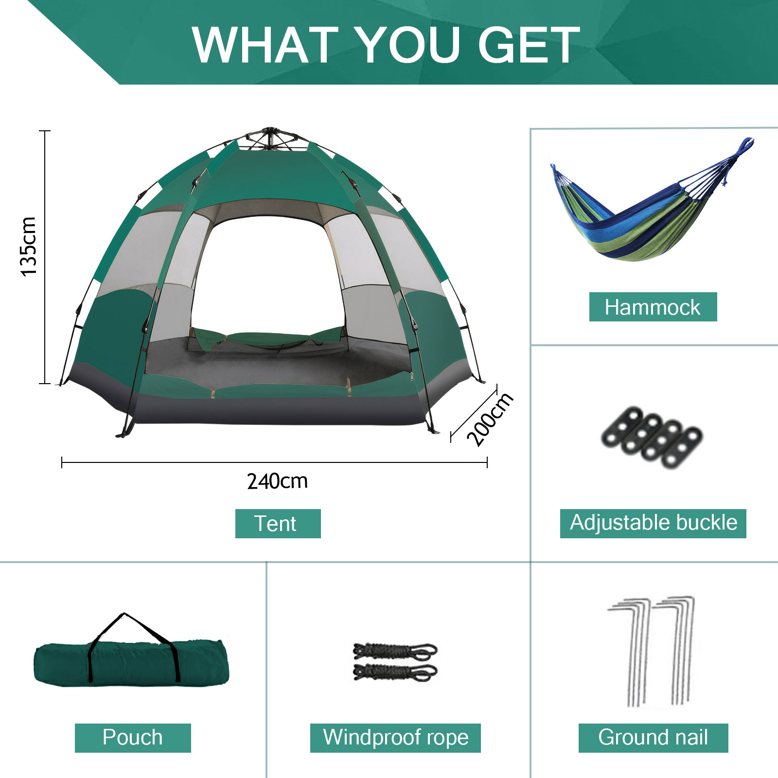 Eurhowing 4-Person Camping Tent for Family, Portable Instant Pop Up Tent with Hammock, Rainproof & Wind-Resistant Outdoor Backpacking Tent for Hiking, Beach, Glamping