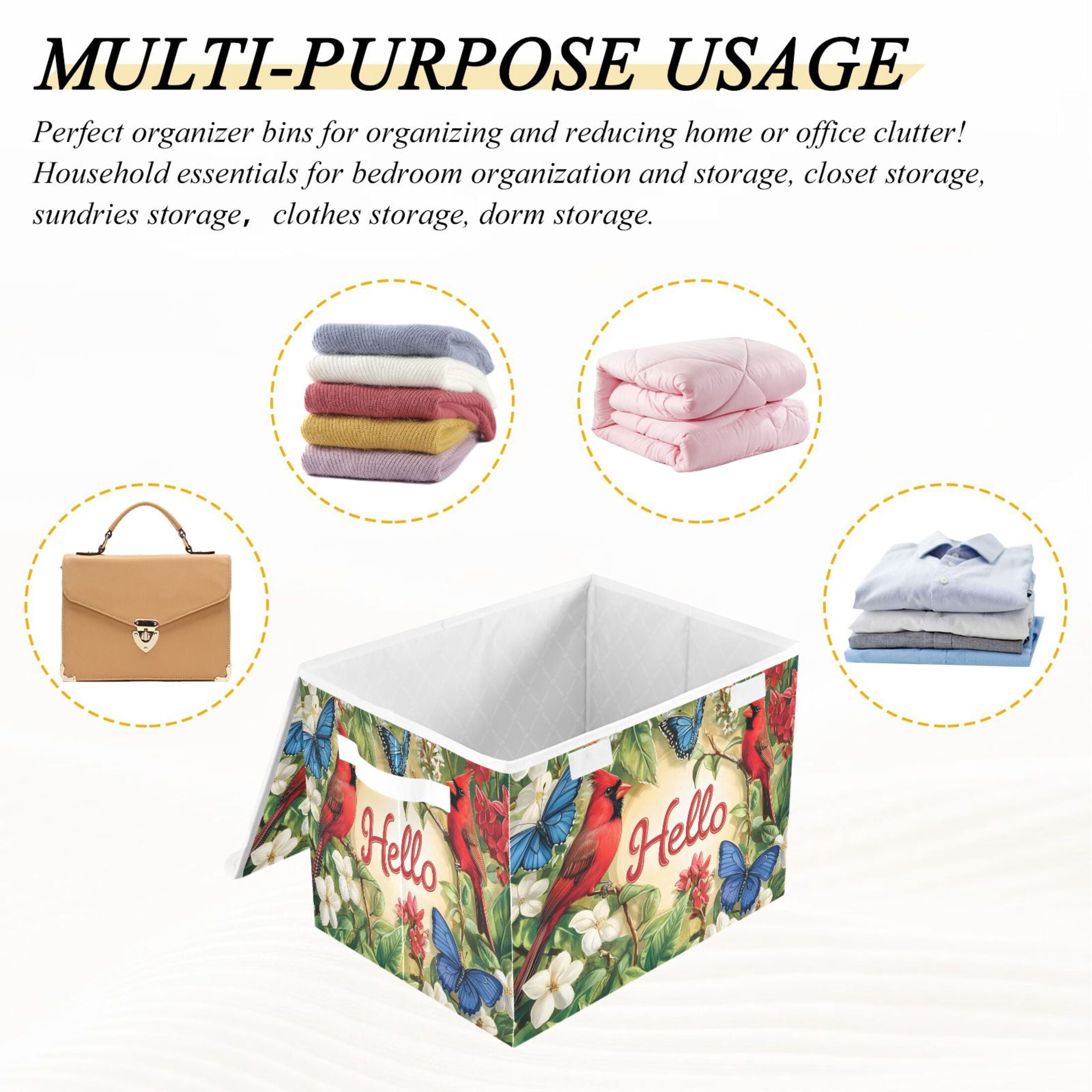 Ryvnso Cardinal Butterfly on Flower Large Lidded Foldable Storage Baskets Cubes Boxes Lids Bin for Home