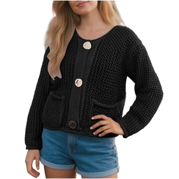 Fmbrln Womens Casual Knitted Cardigan Sweaters Long Sleeve Button Open Front Cardigans Loose Comfy Solid Color Cardigans Coat Black L