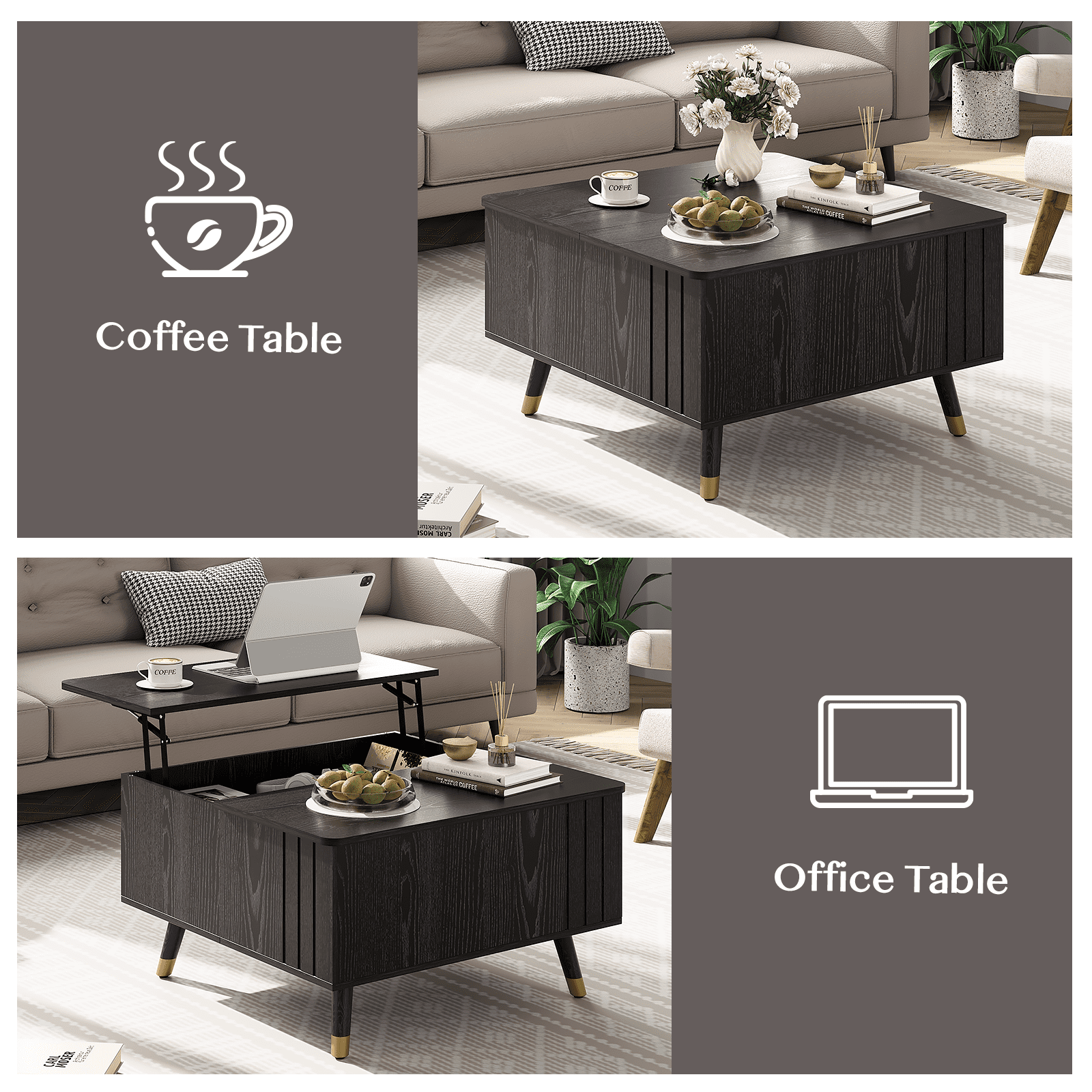 JOINICE Lift Top Coffee Table with Hidden Storage Space, Wood Square Center Table,for Living Room, Black