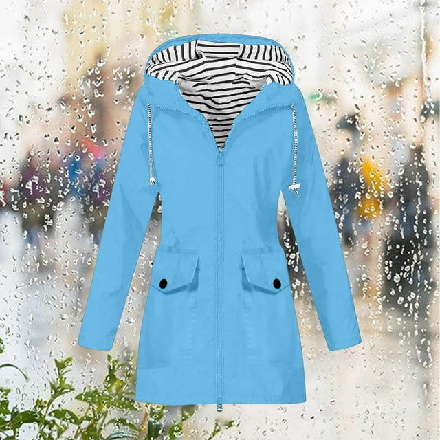 LOVZFMLL Jackets for Women Solid Color Rain Jacket Outdoor Hooded Windproof Loose With Pocket Coat