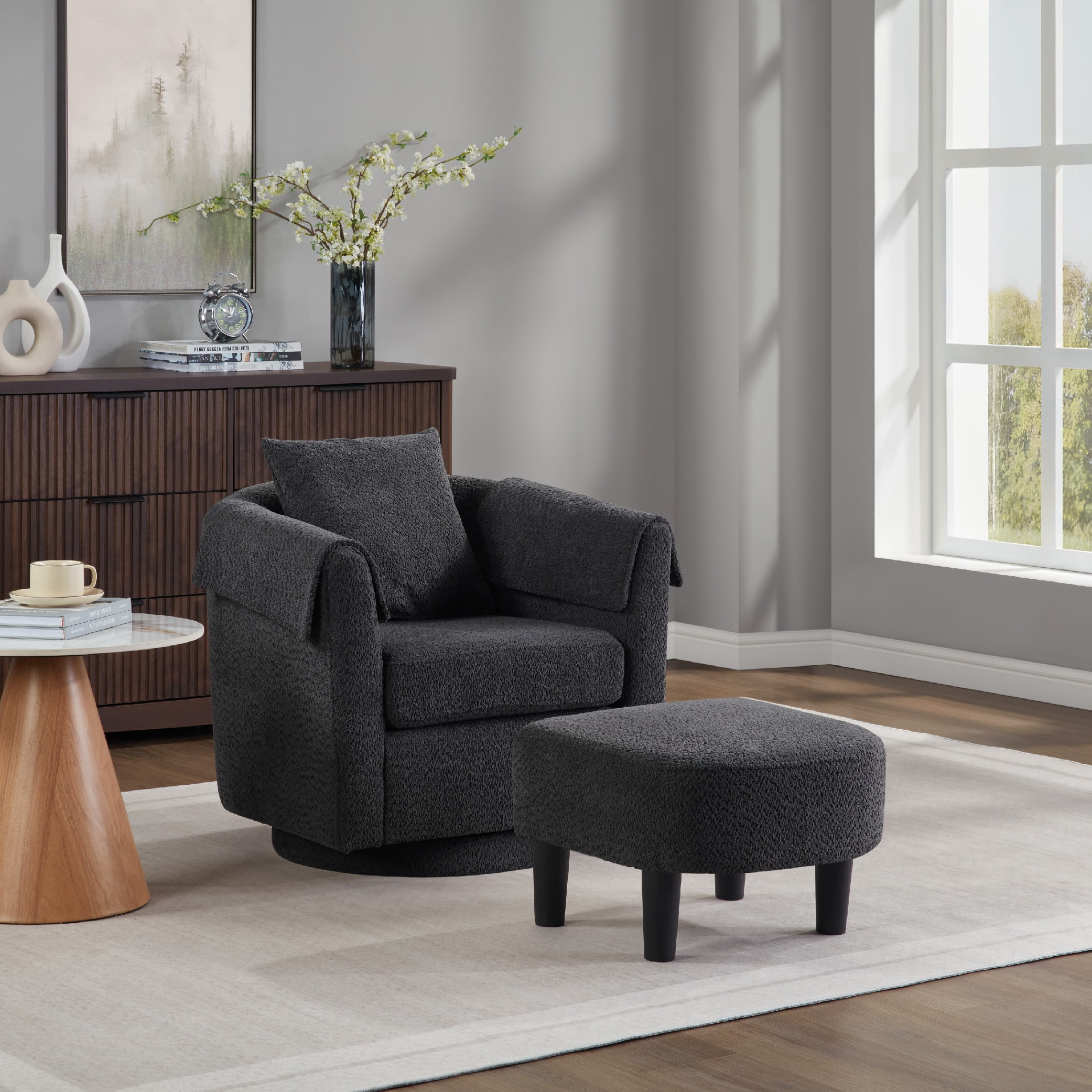 MAYEERTY Swivel Accent Chair with Ottoman, Chenille Barrel Chair for Living Room/Office, Black